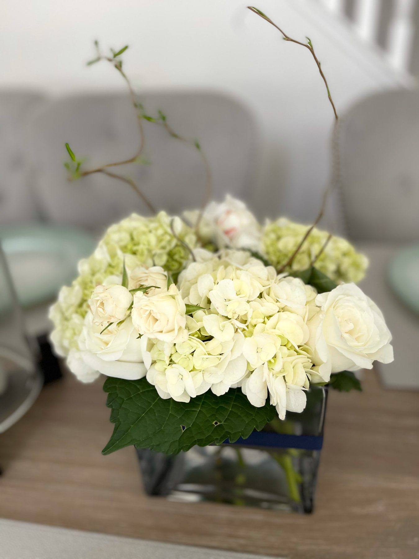A white rose and hydrangea arrangement presented as a gift