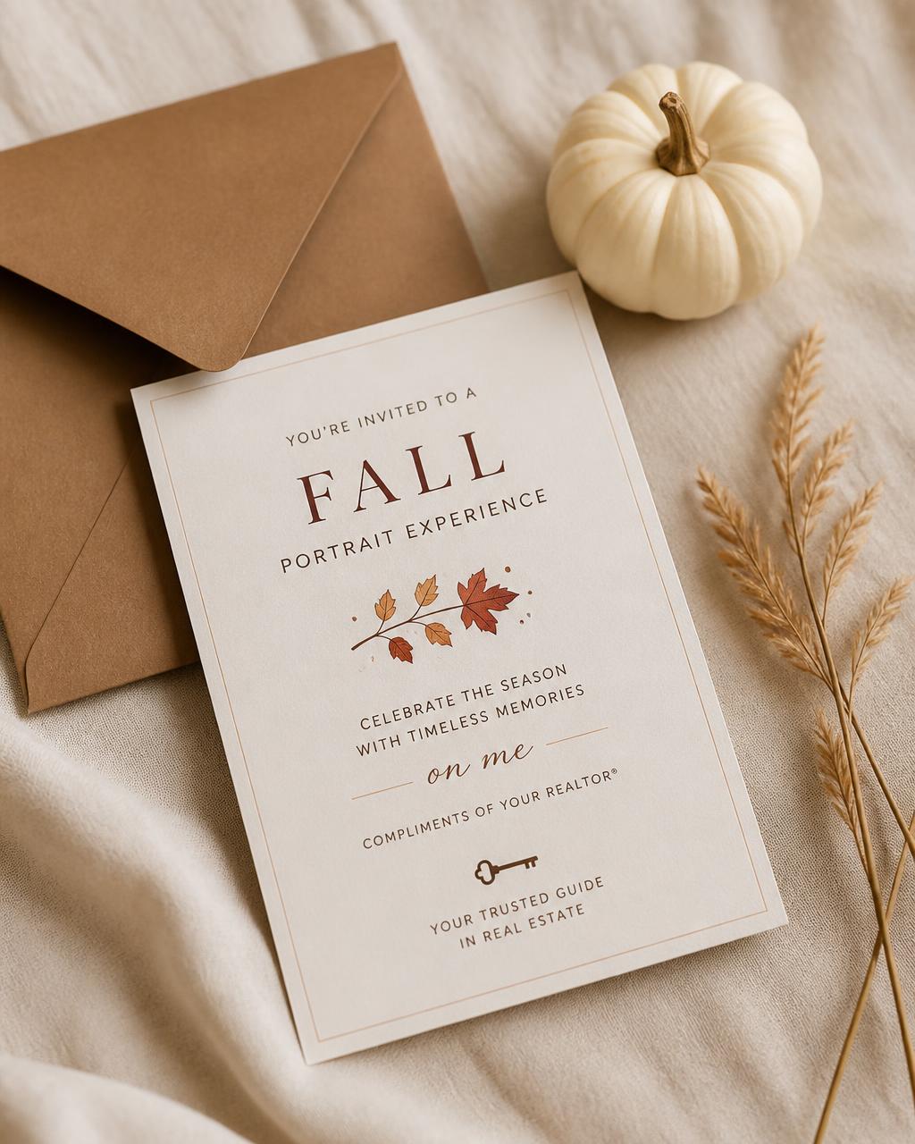 Casual fall invitation card with kraft envelope, a tiny white pumpkin, and dried grass on cream linen