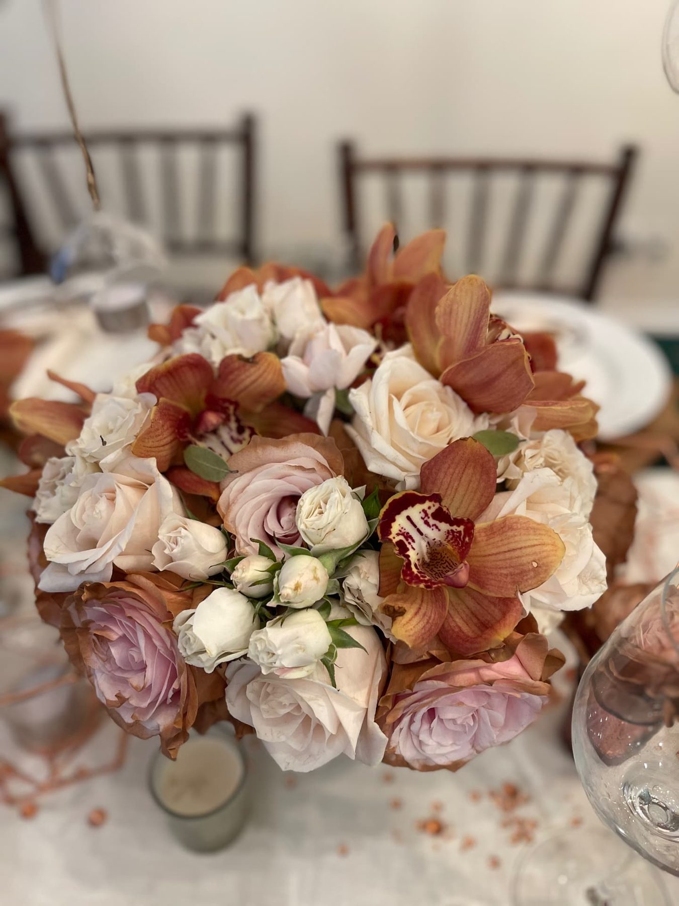 Terracotta orchid and blush garden rose bowl