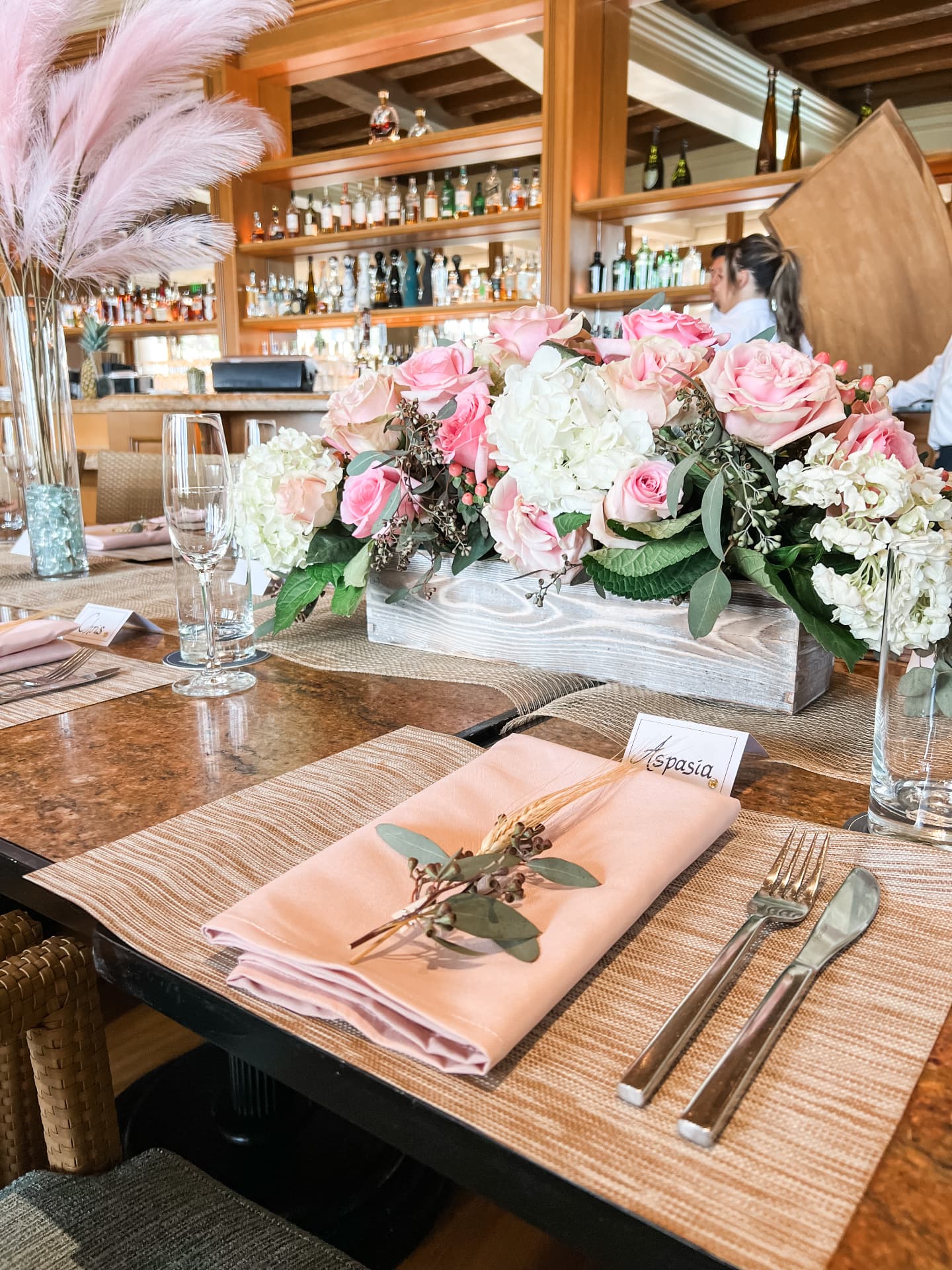 Pink rose and hydrangea luncheon centerpiece