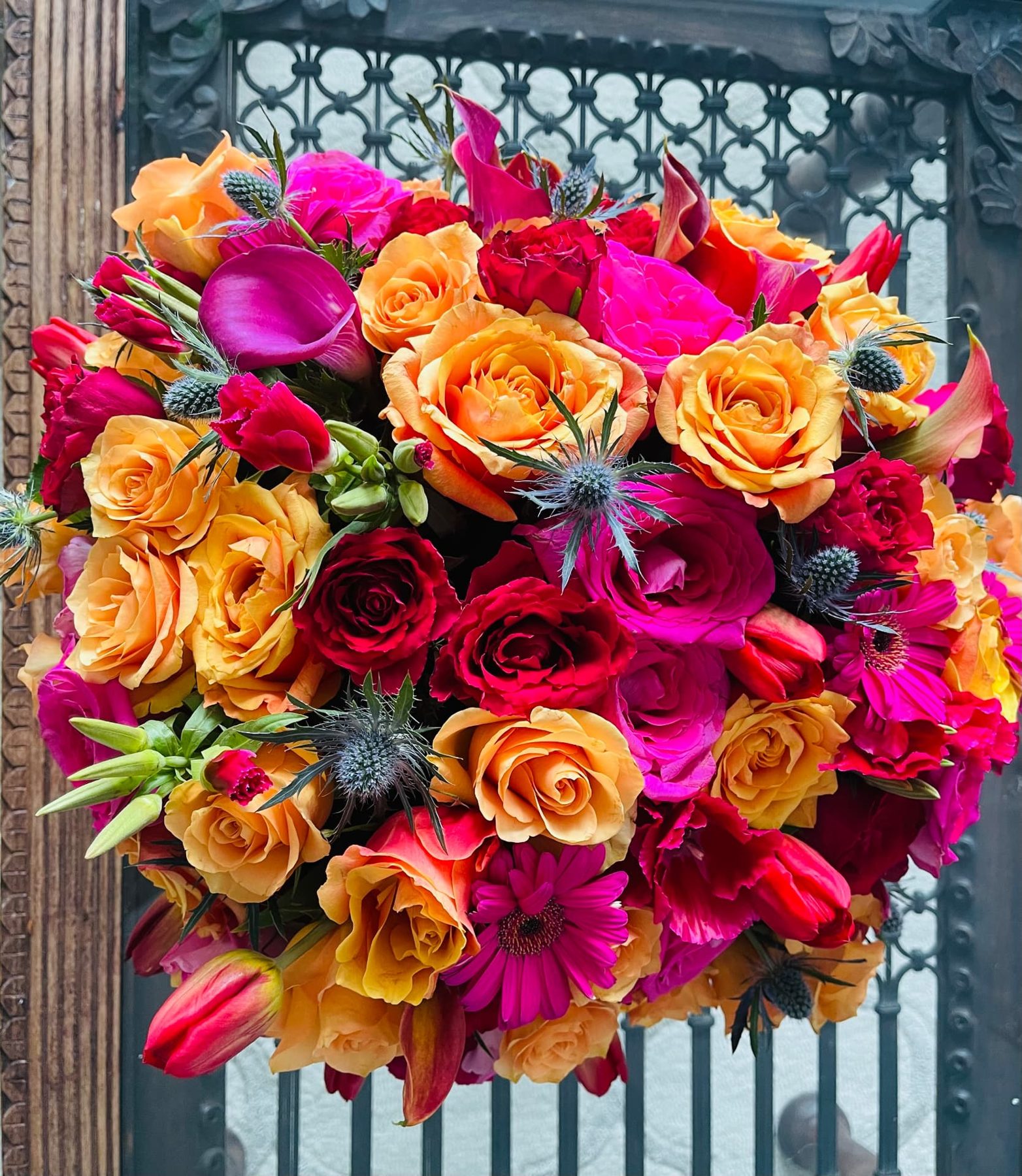 Orange and hot pink rose bouquet