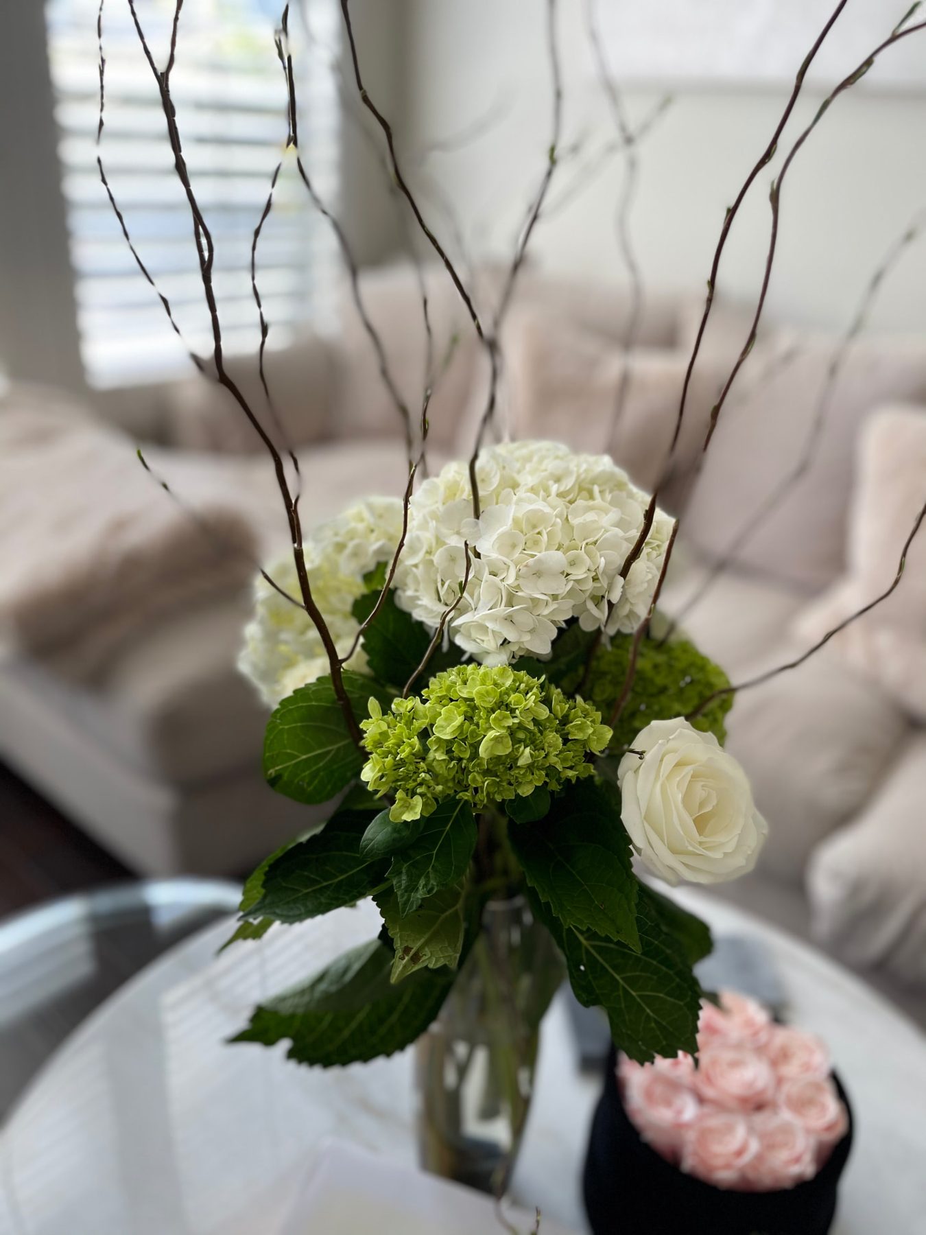 White hydrangea with curly willow