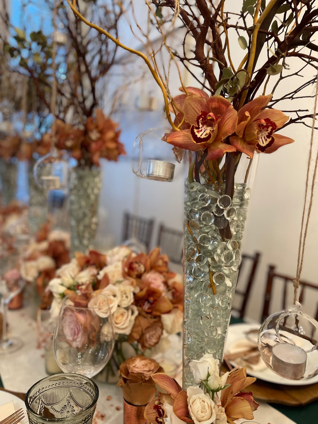 Manzanita centerpiece with hanging votives