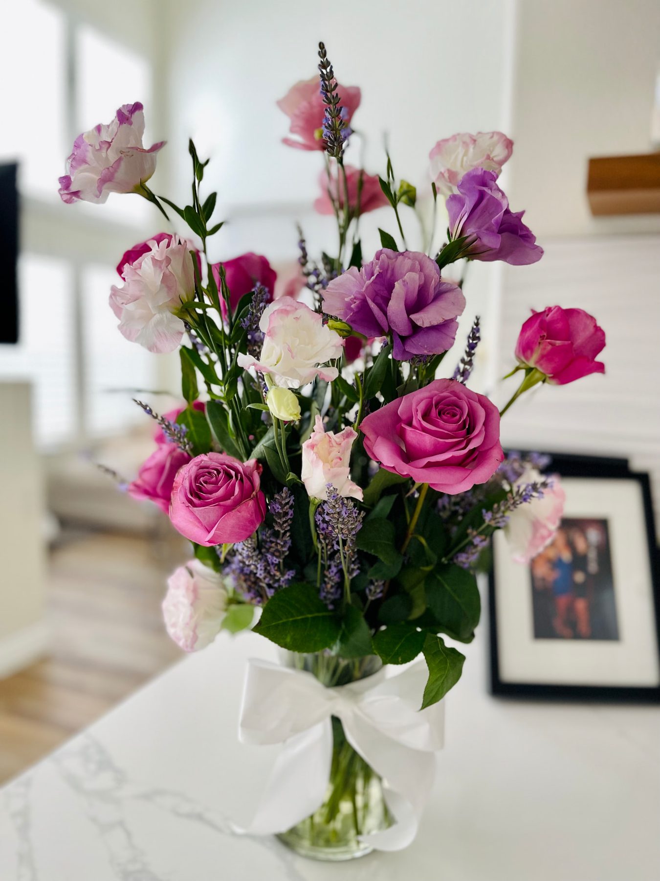 Lavender and pink rose arrangement