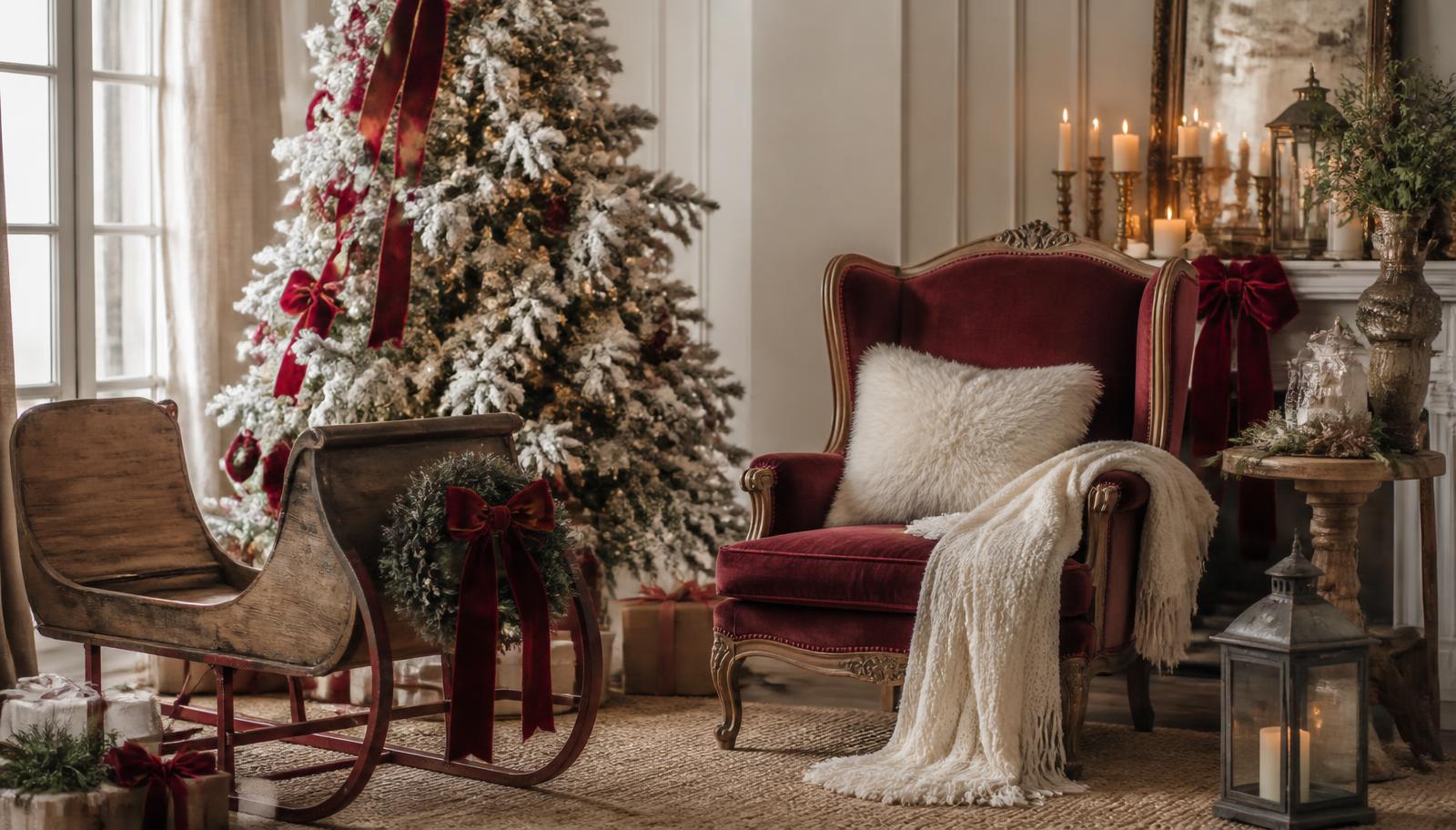 An elegant Christmas portrait setting with a flocked tree, velvet chair and candlelight