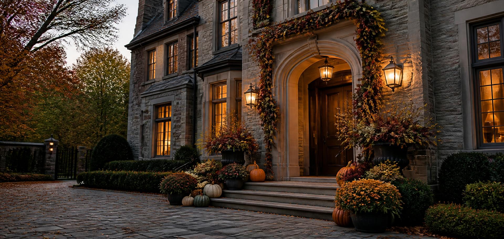 Stately home entry styled with abundant seasonal planters and garland at dusk