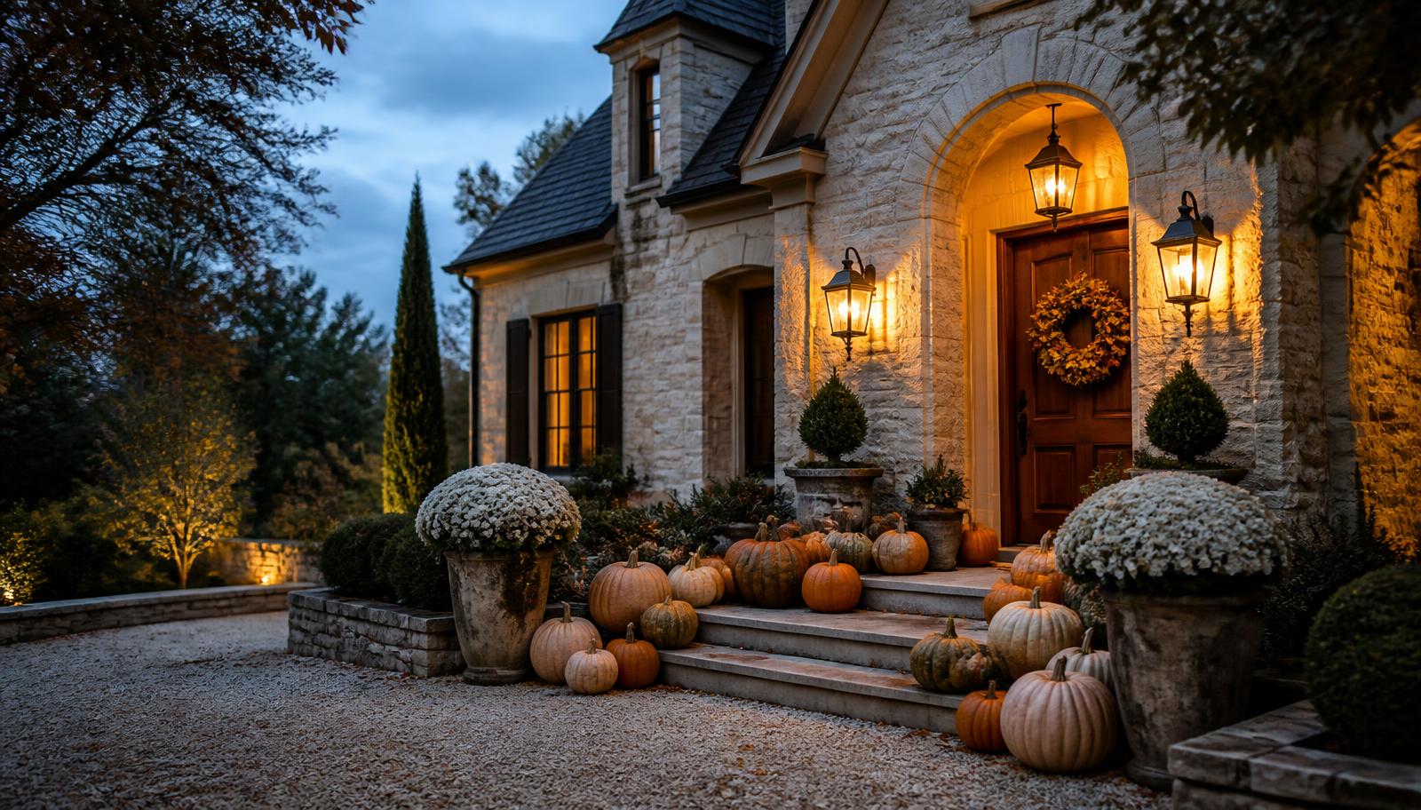 A styled home entrance glowing at dusk, seen from the driveway