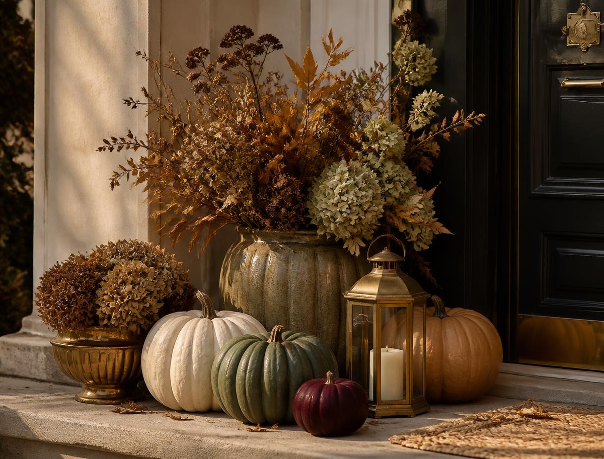 Designer-curated entry vignette in cream, moss, camel and oxblood tones