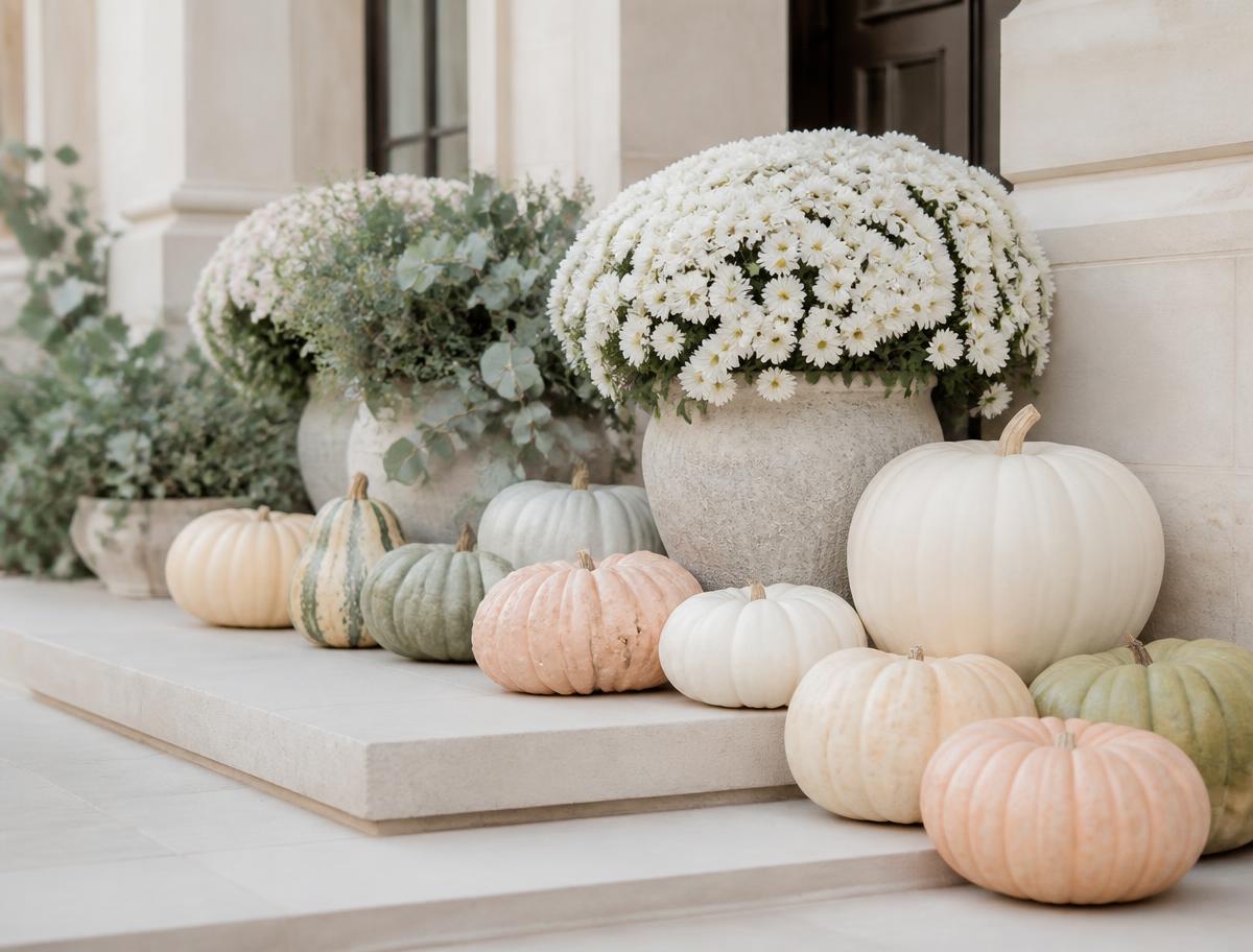 Ivory and muted peach pumpkins with white mums and soft sage foliage