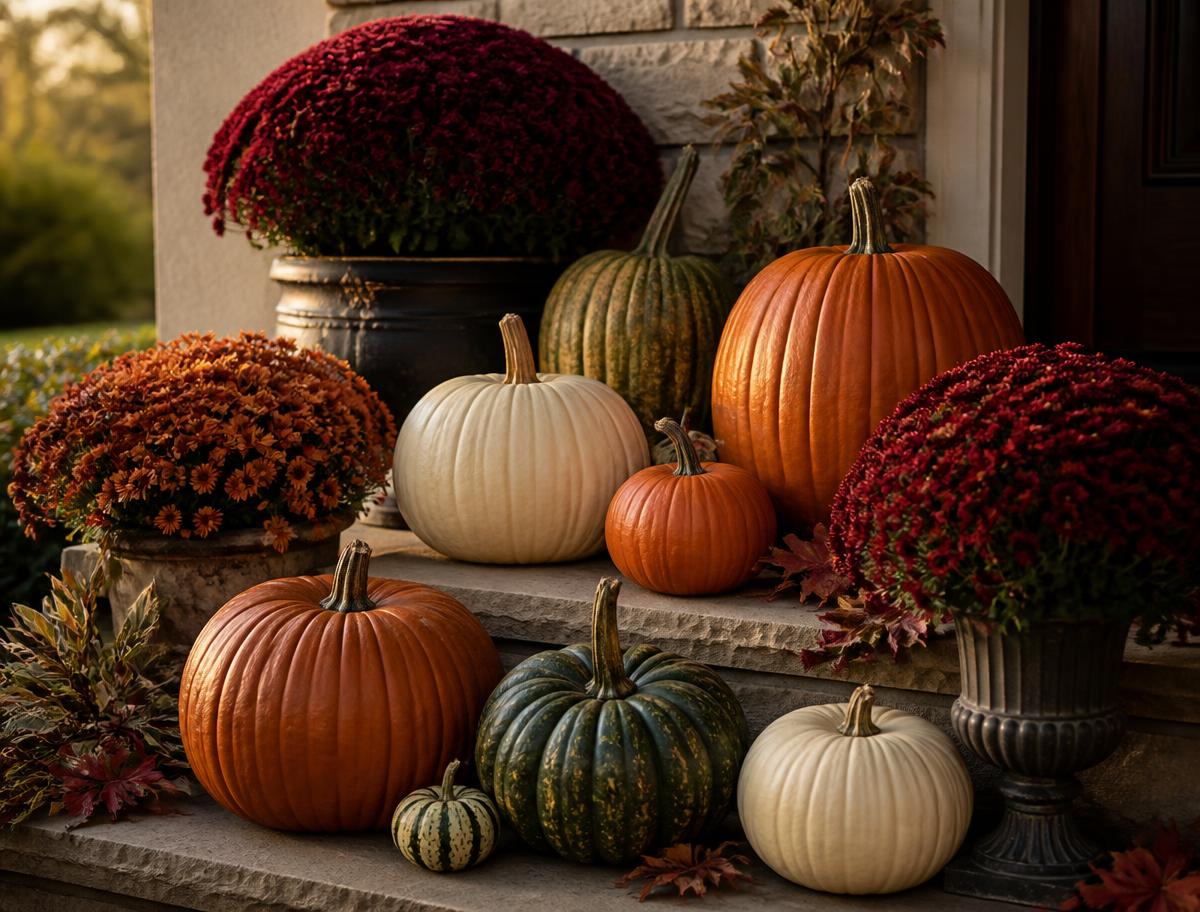 Deep orange, burgundy and cream pumpkins with warm green foliage on a stone step