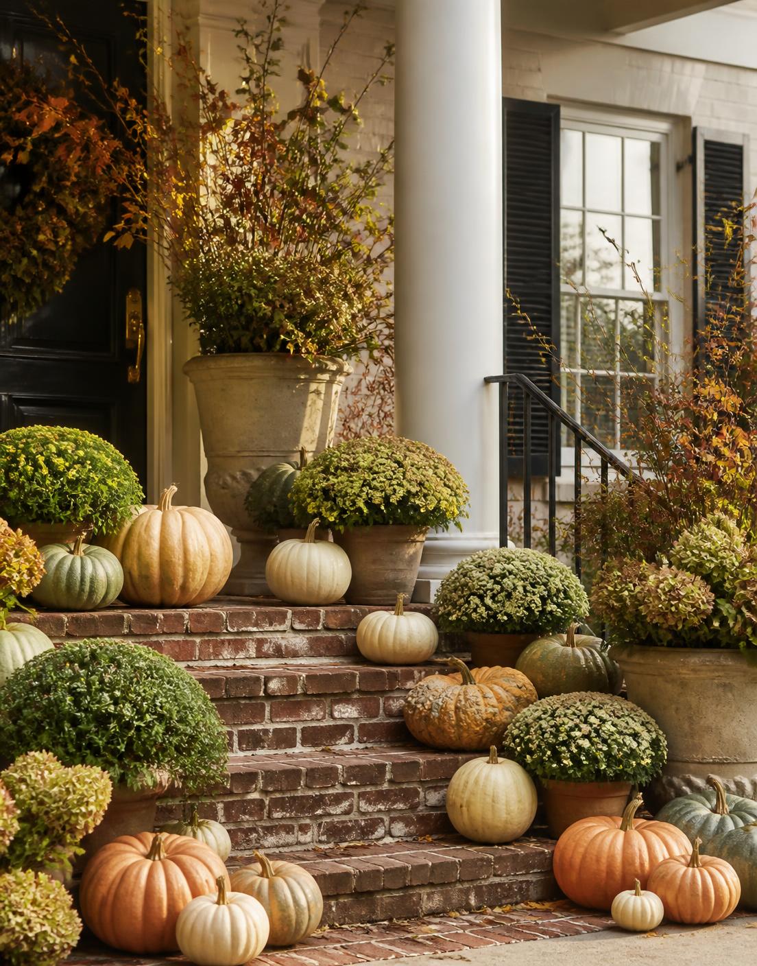 A welcoming seasonal entry styled with heirloom pumpkins, mums and warm autumn detail